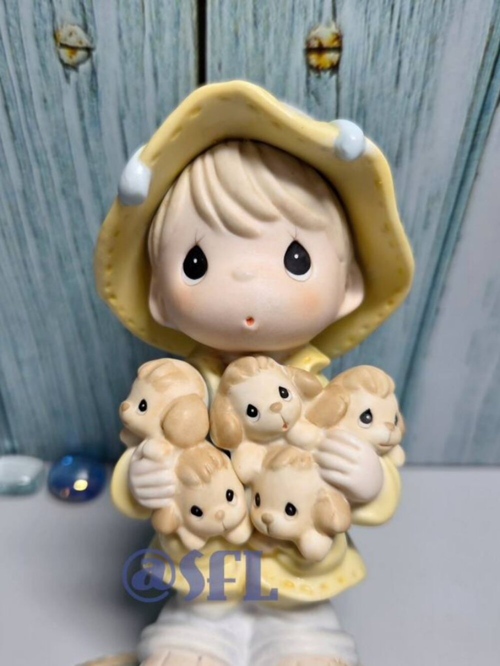 Precious Moments I'll Be Your Shelter In The Storm Kid In Rain Coat With Puppies